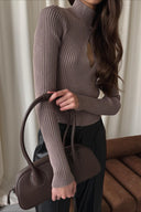 Varvara | Women's Turtleneck Long Sleeve Keyhole Cutout Ribbed Knit Top