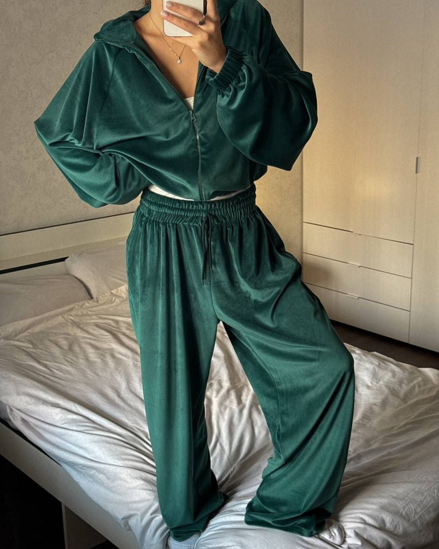 Veda | Women's Zip Jacket Wide Leg Drawstring Pants Velour Two Piece Set