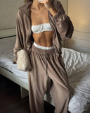 Veda | Women's Zip Jacket Wide Leg Drawstring Pants Velour Two Piece Set