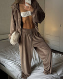 Veda | Women's Zip Jacket Wide Leg Drawstring Pants Velour Two Piece Set