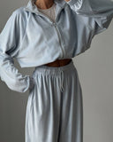 Veda | Women's Zip Jacket Wide Leg Drawstring Pants Velour Two Piece Set