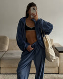 Veda | Women's Zip Jacket Wide Leg Drawstring Pants Velour Two Piece Set