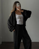 Veda | Women's Zip Jacket Wide Leg Drawstring Pants Velour Two Piece Set