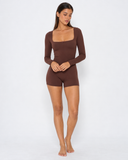 Vienna | Women's Square Neck Long Sleeve Lace Trim Romper with Bow