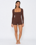 Vienna | Women's Square Neck Long Sleeve Lace Trim Romper with Bow