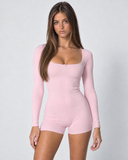 Vienna | Women's Square Neck Long Sleeve Lace Trim Romper with Bow