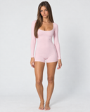 Vienna | Women's Square Neck Long Sleeve Lace Trim Romper with Bow