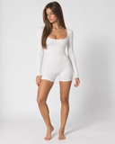 Vienna | Women's Square Neck Long Sleeve Lace Trim Romper with Bow