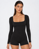 Vienna | Women's Square Neck Long Sleeve Lace Trim Romper with Bow