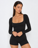 Vienna | Women's Square Neck Long Sleeve Lace Trim Romper with Bow