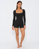 Vienna | Women's Square Neck Long Sleeve Lace Trim Romper with Bow