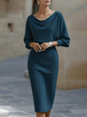 Wrenley | Women's Draped Neck Three-Quarter Sleeve Midi Dress