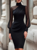 Xenia | Women's Ruched Mock Neck Sheer Puff Sleeve Mini Dress