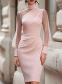 Xenia | Women's Ruched Mock Neck Sheer Puff Sleeve Mini Dress