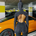 Xiomara | Women's Halloween Hooded Face Cover Open Back Glitter Mesh Jumpsuit