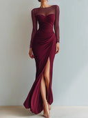 Yesenia | Women's Sheer Long Sleeve Sweetheart Neck High Slit Ruched Maxi Dress
