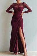 Yesenia | Women's Sheer Long Sleeve Sweetheart Neck High Slit Ruched Maxi Dress