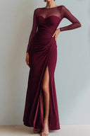 Yesenia | Women's Sheer Long Sleeve Sweetheart Neck High Slit Ruched Maxi Dress
