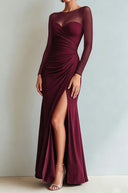 Yesenia | Women's Sheer Long Sleeve Sweetheart Neck High Slit Ruched Maxi Dress