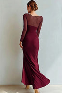 Yesenia | Women's Sheer Long Sleeve Sweetheart Neck High Slit Ruched Maxi Dress