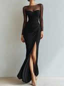 Yesenia | Women's Sheer Long Sleeve Sweetheart Neck High Slit Ruched Maxi Dress