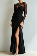 Yesenia | Women's Sheer Long Sleeve Sweetheart Neck High Slit Ruched Maxi Dress