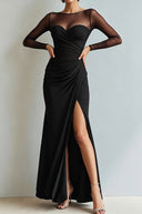 Yesenia | Women's Sheer Long Sleeve Sweetheart Neck High Slit Ruched Maxi Dress