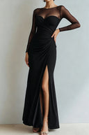 Yesenia | Women's Sheer Long Sleeve Sweetheart Neck High Slit Ruched Maxi Dress