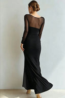 Yesenia | Women's Sheer Long Sleeve Sweetheart Neck High Slit Ruched Maxi Dress