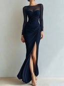 Yesenia | Women's Sheer Long Sleeve Sweetheart Neck High Slit Ruched Maxi Dress