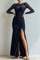 Yesenia | Women's Sheer Long Sleeve Sweetheart Neck High Slit Ruched Maxi Dress