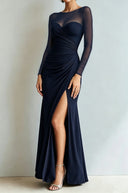 Yesenia | Women's Sheer Long Sleeve Sweetheart Neck High Slit Ruched Maxi Dress