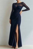 Yesenia | Women's Sheer Long Sleeve Sweetheart Neck High Slit Ruched Maxi Dress