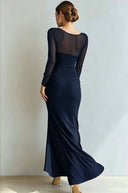 Yesenia | Women's Sheer Long Sleeve Sweetheart Neck High Slit Ruched Maxi Dress