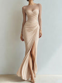 Yesenia | Women's Sheer Long Sleeve Sweetheart Neck High Slit Ruched Maxi Dress