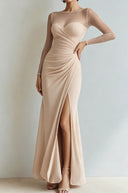 Yesenia | Women's Sheer Long Sleeve Sweetheart Neck High Slit Ruched Maxi Dress