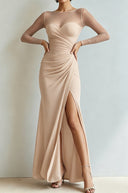 Yesenia | Women's Sheer Long Sleeve Sweetheart Neck High Slit Ruched Maxi Dress