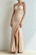 Yesenia | Women's Sheer Long Sleeve Sweetheart Neck High Slit Ruched Maxi Dress