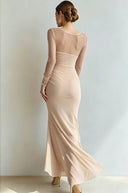 Yesenia | Women's Sheer Long Sleeve Sweetheart Neck High Slit Ruched Maxi Dress