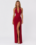 Younis | Women's Ruched Halter Plunge Neck Maxi Dress with High Slit