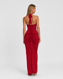 Younis | Women's Ruched Halter Plunge Neck Maxi Dress with High Slit