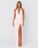 Younis | Women's Ruched Halter Plunge Neck Maxi Dress with High Slit