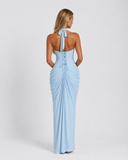 Younis | Women's Ruched Halter Plunge Neck Maxi Dress with High Slit