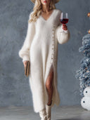 Zadie | Women's V Neck Long Sleeve Button Side Slit Fuzzy Knit Maxi Dress