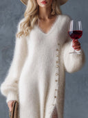 Zadie | Women's V Neck Long Sleeve Button Side Slit Fuzzy Knit Maxi Dress