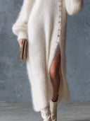 Zadie | Women's V Neck Long Sleeve Button Side Slit Fuzzy Knit Maxi Dress