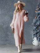 Zadie | Women's V Neck Long Sleeve Button Side Slit Fuzzy Knit Maxi Dress