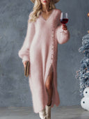 Zadie | Women's V Neck Long Sleeve Button Side Slit Fuzzy Knit Maxi Dress
