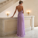Zafira | Women's Halter V Neck Draped Ruffle Pleated Maxi Dress