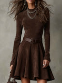 Zena | Women's Faux Suede Crew Neck Long Sleeve Belted Mini Dress